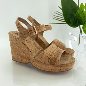 Korks Women's Bardot Sandal Size 10 Block Heel Platform Retro Cork Brown Vegan